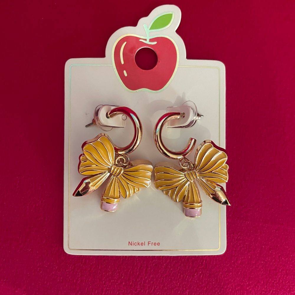 (NEW) Gold Bow Teacher School Earrings - Yellow & Pink Enamel
